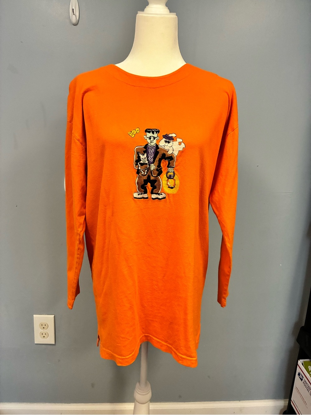 VTG Y2K Orange Halloween Embroidered Graphic 3/4 Sleeve Pullover Size M